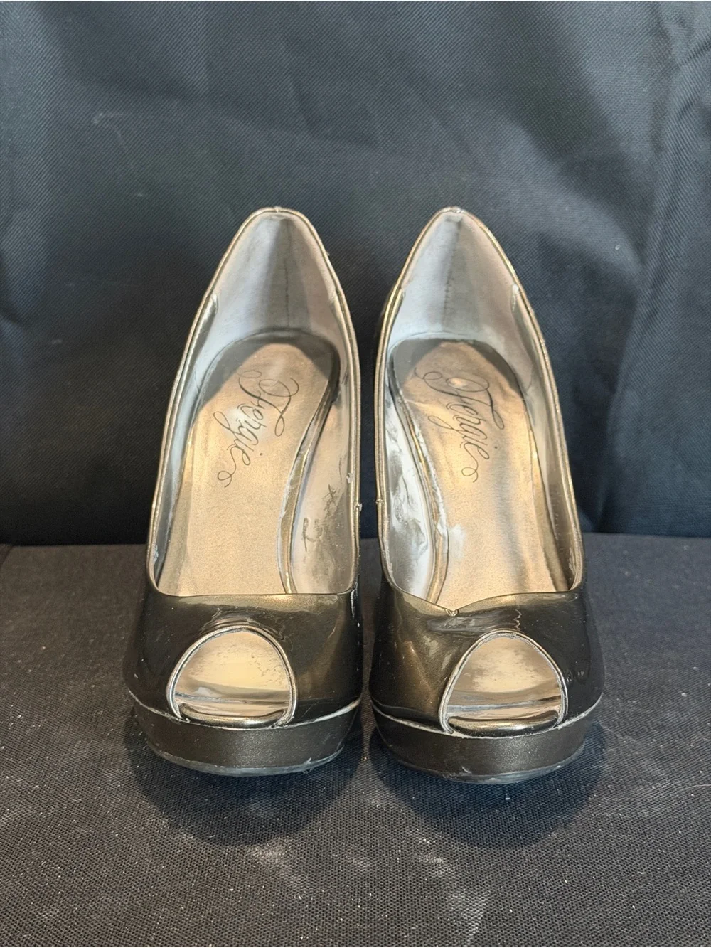 Fergie Metallic Pewter Peep-Toe High Heels